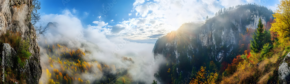 Panoramic view of the mountain peaks at sunrise Panoramic view of the mountain peaks at sunrise