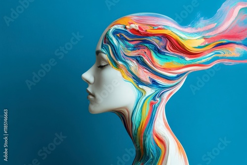 Mannequin head with colorful swirling paint on blue background representing creativity and imagination