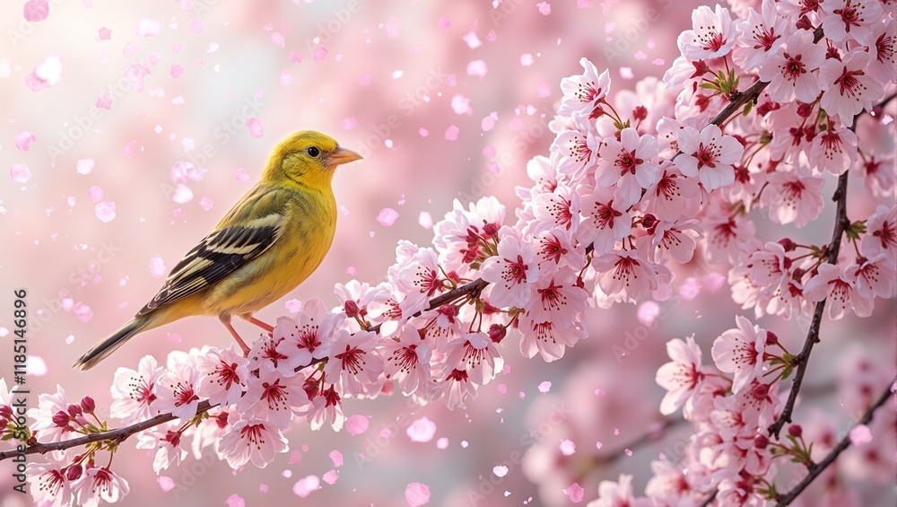 Beautiful yellow canary on cherry blossom branch in soft morning light with falling petals Beautiful yellow canary on cherry blossom branch in soft morning light with falling petals