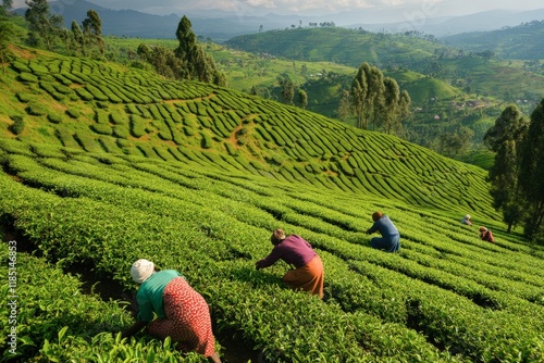 Tea farmers harvesting on lush green terraced tea plantation in rwanda