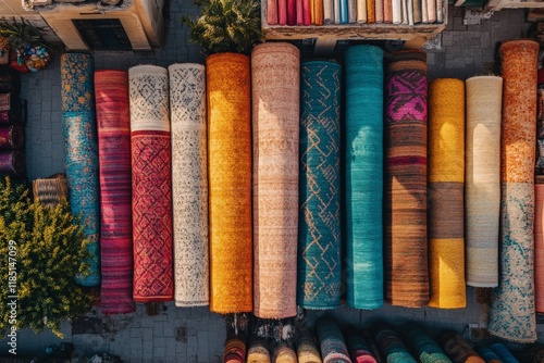 Colorful carpets rolled up showing beautiful patterns in open air market
