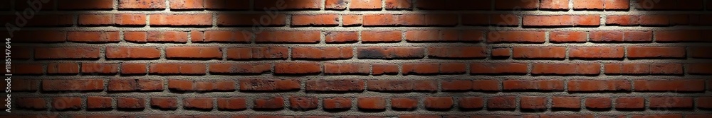 Obraz premium Striking red brick wall illuminated by dramatic lighting effects, showcasing intricate textures and vivid colors in a high-definition panoramic composition.