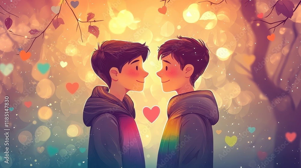 Tender Illustration of an LGBTQ Couple with Heartwarming Affection Against a Colorful Background Tender Illustration of an LGBTQ Couple with Heartwarming Affection Against a Colorful Background