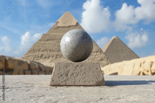 Sphere balancing on stone plinth with pyramids of giza in background photo