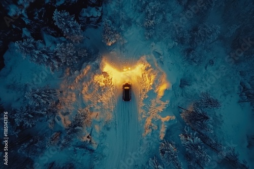 Black car driving on snowy road at night in winter forest aerial view