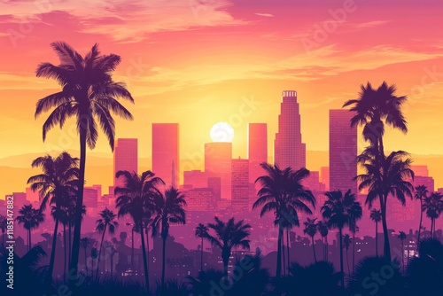 Los angeles skyline with palm trees at sunset creating a tropical urban landscape