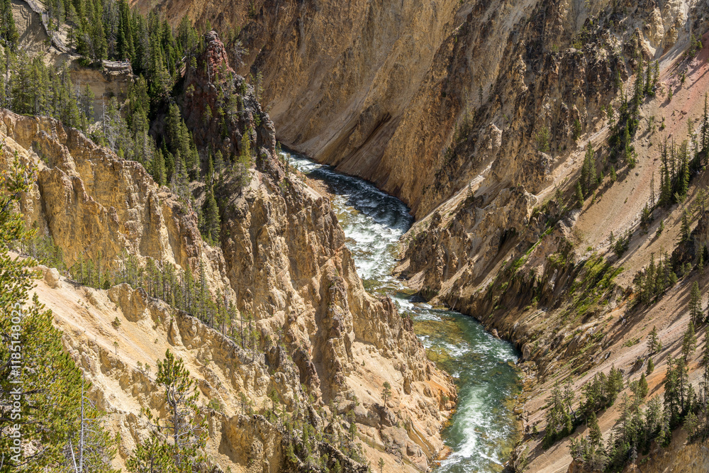 Close-up view of the Grand Canyon of the Yellowstone and the river seen from the edge of the north rim Close-up view of the Grand Canyon of the Yellowstone and the river seen from the edge of the north rim