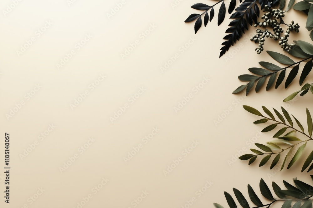 Obraz premium Flat lay of green branches and berries on beige background. Nature-inspired creative designs.