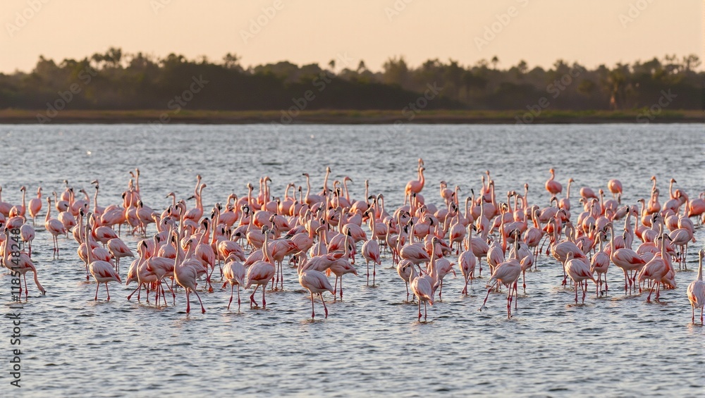 Obraz premium Beautiful flock of flamingos wading in lagoon at dusk pink feathers glowing in suns warm light tropical trees silhouetted on horizon