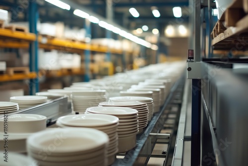 Stacks of white plates moving on a conveyor belt in a modern chinaware factory