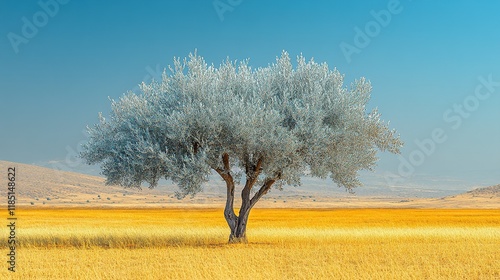 Silver tree in golden field, distant hills, serene landscape. photo