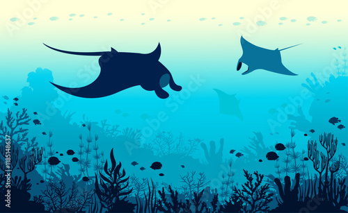 Vector panorama with underwater seascape. Illustration with silhouette of coral reef, school of fish, three mantas on a blue sea background. Marine flora and fauna.