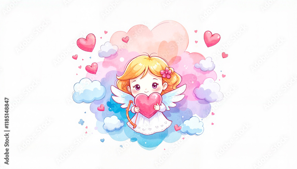 Cute angel holding heart surrounded by pastel hearts and clouds. Cozy Valentine's Day watercolor llustration Cute angel holding heart surrounded by pastel hearts and clouds. Cozy Valentine's Day watercolor llustration