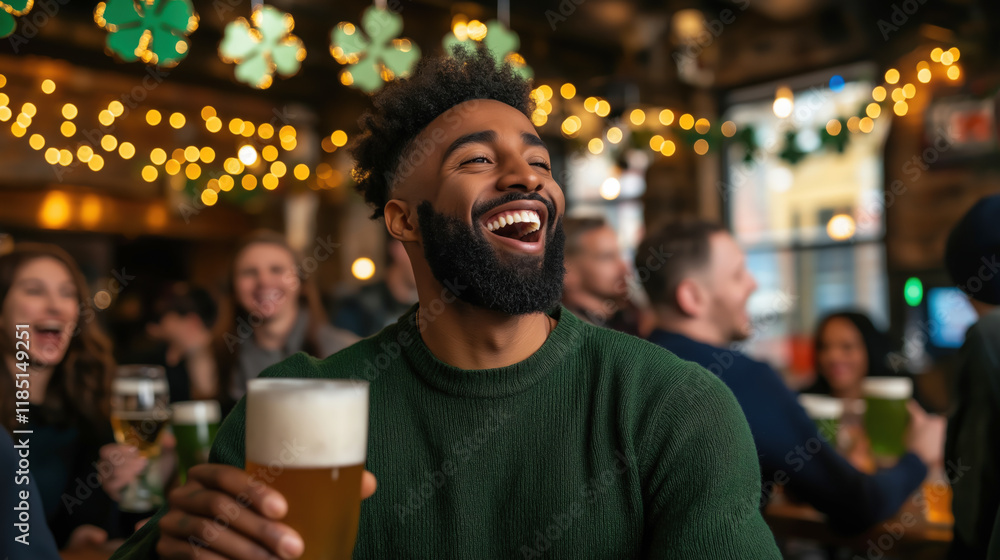 Joyful group celebrating Saint Patrick's Day in a lively pub. Joyful group celebrating Saint Patrick's Day in a lively pub.