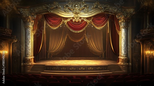 A luxury stage with an ornate gold-framed backdrop and velvet seating 