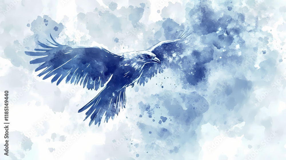 Fototapeta premium Thunderbird stormcaller watercolor illustration - generative ai. blue, white, thunderbird, storm, cloud. Thundertide. Illustration