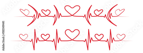 Abstract heart diagram set, red EKG, cardiogram, heartbeat line vector design to use for healthcare, healthy lifestyle, medical laboratory, cardiology project.