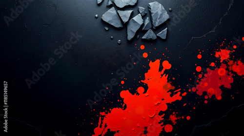 Abstract black background with black stones and red paint photo