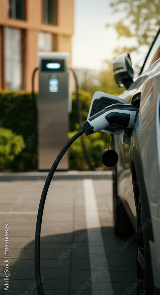 Electric car charging at a modern charging station in a sunny environment Electric car charging at a modern charging station in a sunny environment