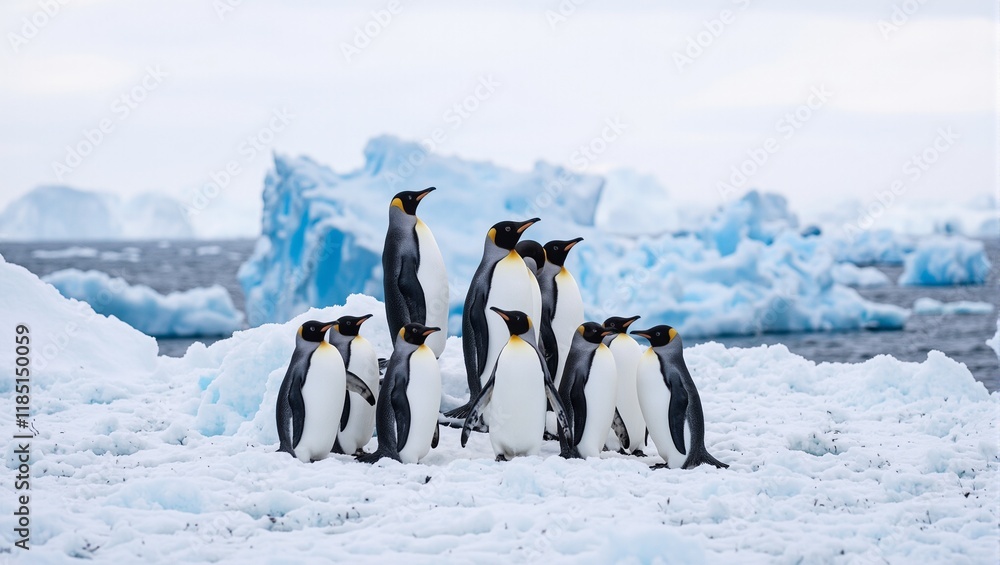 Obraz premium Adorable penguin family on snowy Antarctic ice sky overcast blue icebergs in background