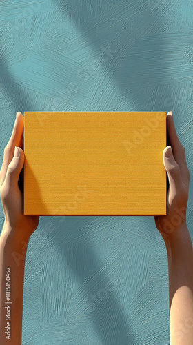 Contemporary artistic collage depicting hands holding a package, symbolizing delivery, exchange, and the concept of gift-giving in a modern, abstract visual style. photo