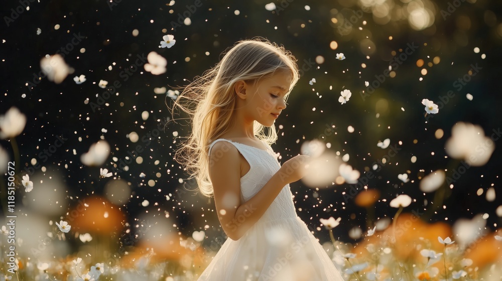 Young girl in a field of flowers with petals in the air, expressing innocence and connection to nature Young girl in a field of flowers with petals in the air, expressing innocence and connection to nature