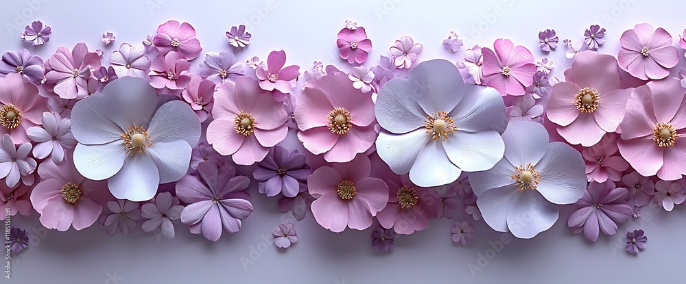 Delicate paper flowers in pink and white, arranged in a floral border. Delicate paper flowers in pink and white, arranged in a floral border.