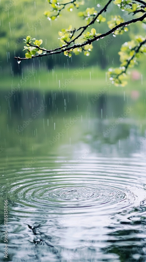 Naklejka premium Light rain falls on a tranquil pond reflecting budding trees in spring