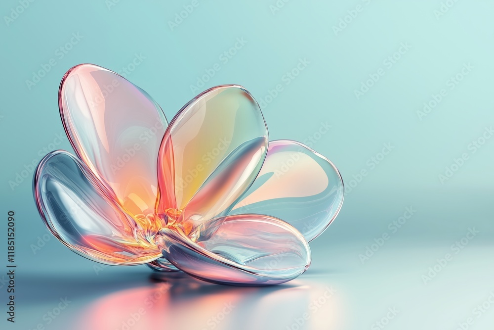Abstract 3d wave emitting glass flower shape with gradient color on light blue background. Abstract 3d wave emitting glass flower shape with gradient color on light blue background.