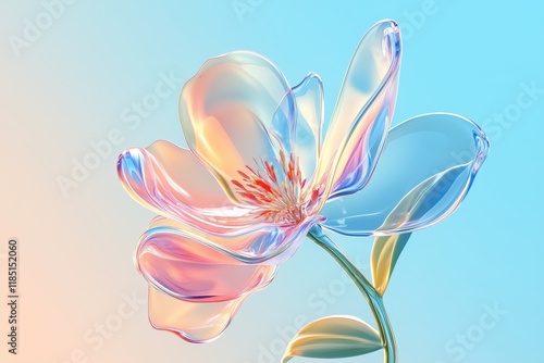 Abstract 3d wave emitting glass flower shape with gradient color on light blue background. 