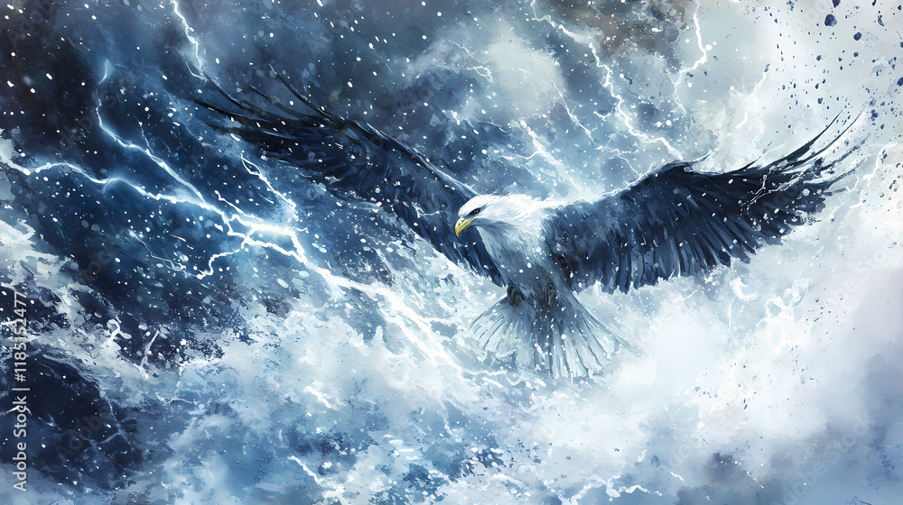 Obraz premium The racing thunderbird of lightning: a mesmerizing water-color painting in a blustery snowstorm. Thundertide. Illustration