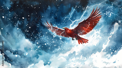 The racing thunderbird of lightning: a mesmerizing water-color painting in a blustery snowstorm. Thundertide. Illustration