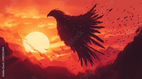 The silhouette of a thunderbird, its feathered form dramatically backlighted by a fiery sunset, with shadows of mountains in the horizon. Thundertide. Illustration