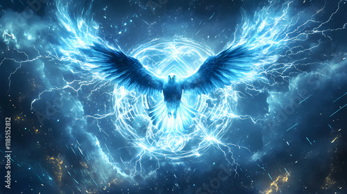 Thunderbird conjuring celestial storms: lightning weaves through astronomical glyphs in electric blue and plasma white energy dynamics. Thundertide. Illustration