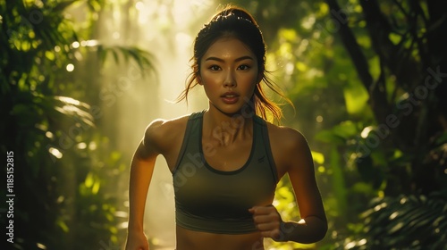 Woman Runs Through Lush Tropical Forest
