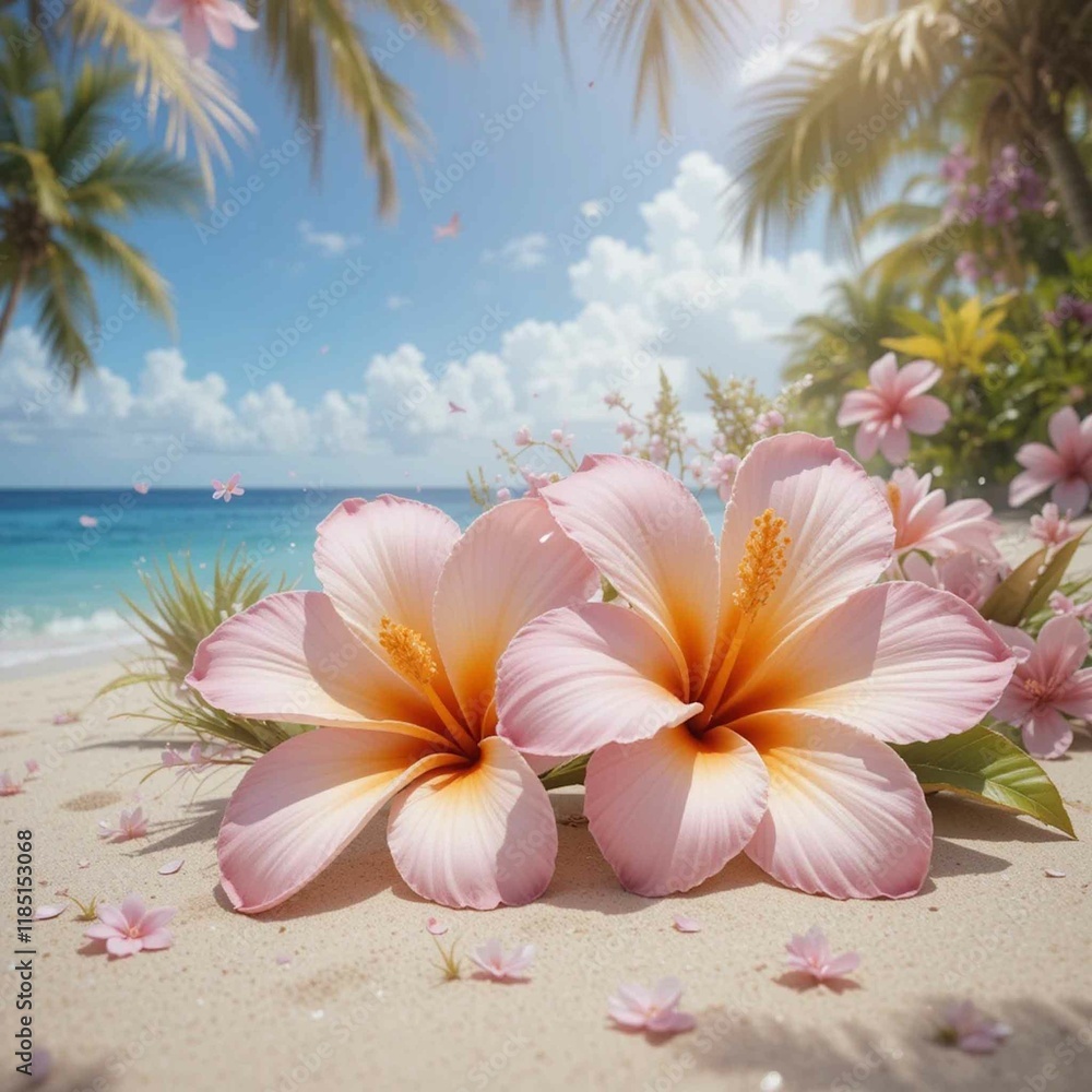 Frangipani flowers lie on the beach, surrounded by palm trees and flowers Frangipani flowers lie on the beach, surrounded by palm trees and flowers