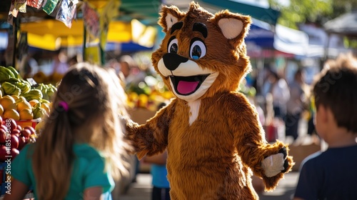A Furry Mascot Standing in Front of Children at an Outdoor Market - Generative AI