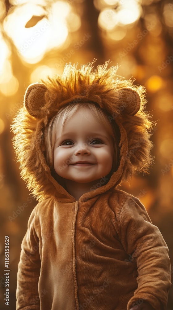 Blonde caucasian baby in a lion costume smiles warmly in a sunlit autumn forest. surrounded by golden leaves and soft light, the scene reflects joy and playfulness, embodying a sense of innocence and Blonde caucasian baby in a lion costume smiles warmly in a sunlit autumn forest. surrounded by golden leaves and soft light, the scene reflects joy and playfulness, embodying a sense of innocence and