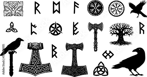  Viking runes and symbols collection.  set of pagan norse sign vegvisir, fenrir, yggdrasil, valknut, triquetra, triskele, Thor’s hammer, ravens. Scandinavian illustration for tattoo 