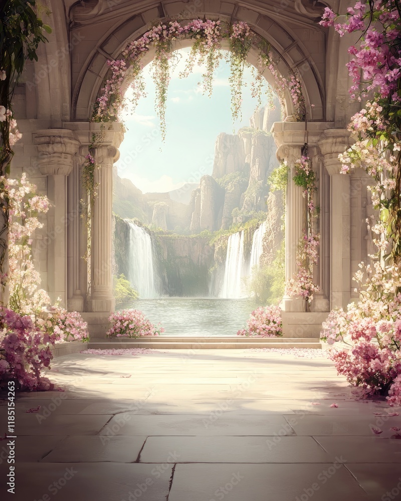 Fototapeta premium Serene view through an archway adorned with flowers and waterfalls.