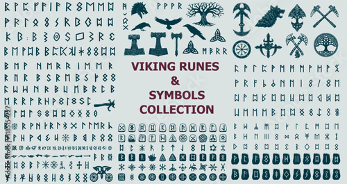VECTOR MEGA SET Viking runes and symbols collection.  set of pagan norse sign vegvisir, fenrir, yggdrasil, valknut, triquetra, triskele, Thor’s hammer, ravens. Scandinavian illustration for tattoo 