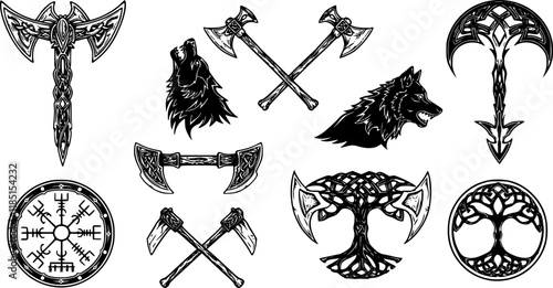 Viking runes and symbols collection.  set of pagan norse sign vegvisir, fenrir, yggdrasil, valknut, triquetra, triskele, Thor’s hammer, ravens. Scandinavian illustration for tattoo 