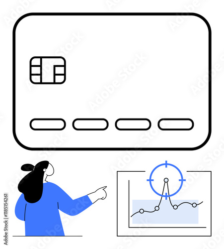 Credit card chip with a person analyzing a graph featuring data points. Ideal for finance, e-commerce, online shopping, security, analytics, banking, digital transactions. Abstract line flat metaphor