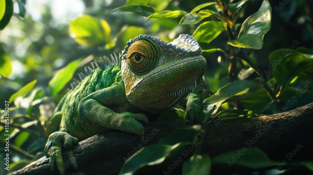 A chameleon patiently waits for its prey to pass by to be eaten A chameleon patiently waits for its prey to pass by to be eaten
