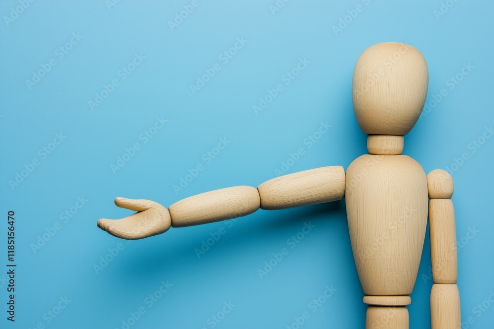 Wooden doll with gesture on blue background. Mannequin shows gesture. Figure of wooden human with copy space Wooden doll with gesture on blue background. Mannequin shows gesture. Figure of wooden human with copy space