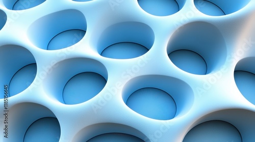 Abstract 3D render of a textured surface with repeating circular indentations in light blue and white.