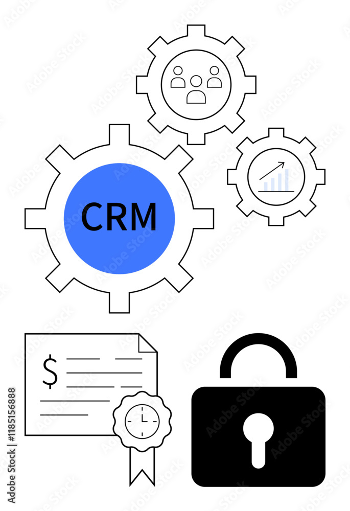 Gears with CRM, user group, and graph images financial document with seal and clock and security padlock. Ideal for customer management, data security, finance, productivity, time management Gears with CRM, user group, and graph images financial document with seal and clock and security padlock. Ideal for customer management, data security, finance, productivity, time management
