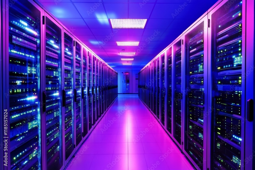 Fototapeta premium Futuristic Data Center with Bright LED Lighting and Server Racks in a Modern Technological Environment