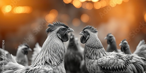 Chickens, beautiful colored Bantam chickens that are raised free-range, with the concept of raising animals in a natural way, making their own food.
 photo