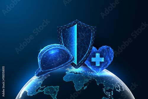 World Health and Safety at Work concept with glowing helmet, shield, and heart on Earth globe.